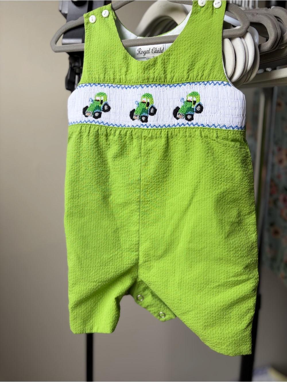 Royal Child Lime Green Smocked Tractor Jon Jon 12mo